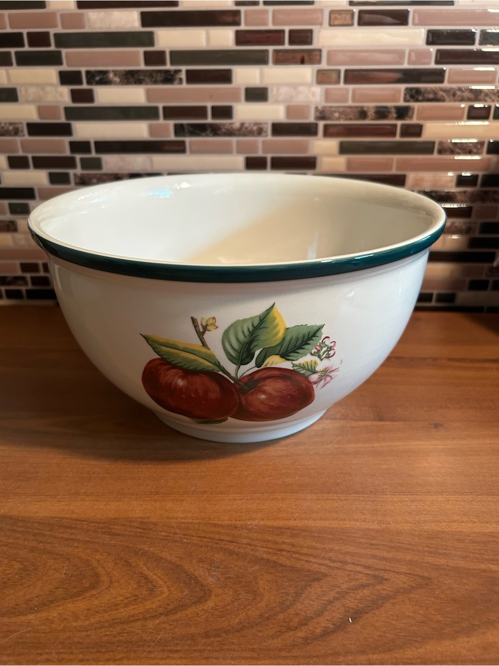 Ceramic Mixing Bowl with Red Apple Design and Teal Rim